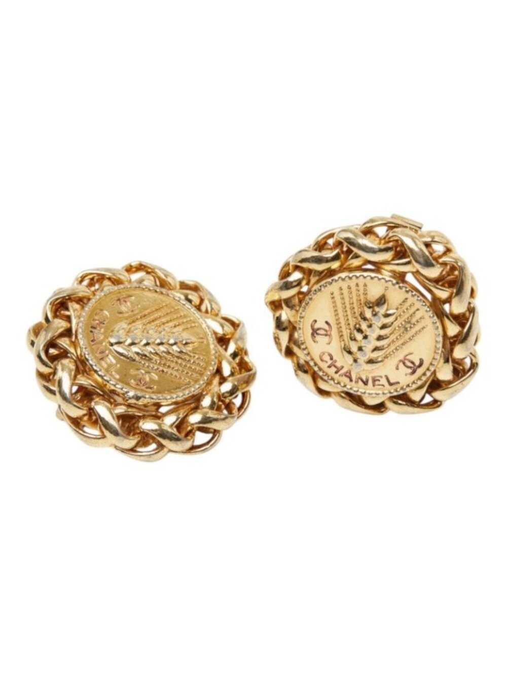 Chanel CC Logo Rice Motif Earrings Ear Clip Gold Plated